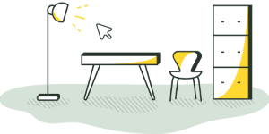 illustration representant une lampe une table une chaise une etagere et un curseur de souris
